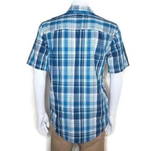 George Mens Short Sleeve Plaid button up Shirt Size S Blue & White vacation - Picture 3 of 5